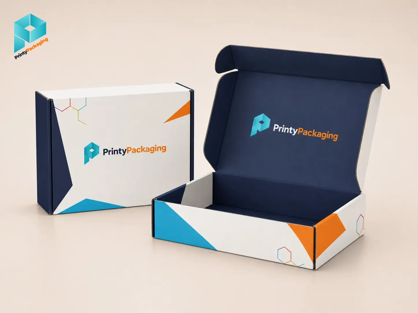 Printy Packaging branded mailer boxes, one open and one closed
