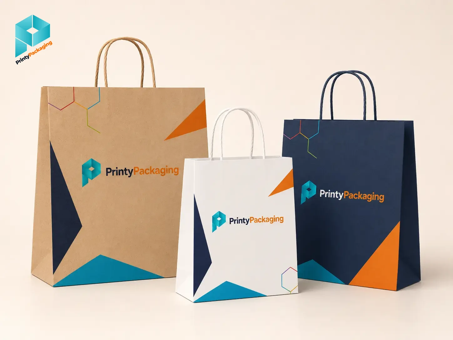 Printy branded kraft, white and navy paper shopping bags
