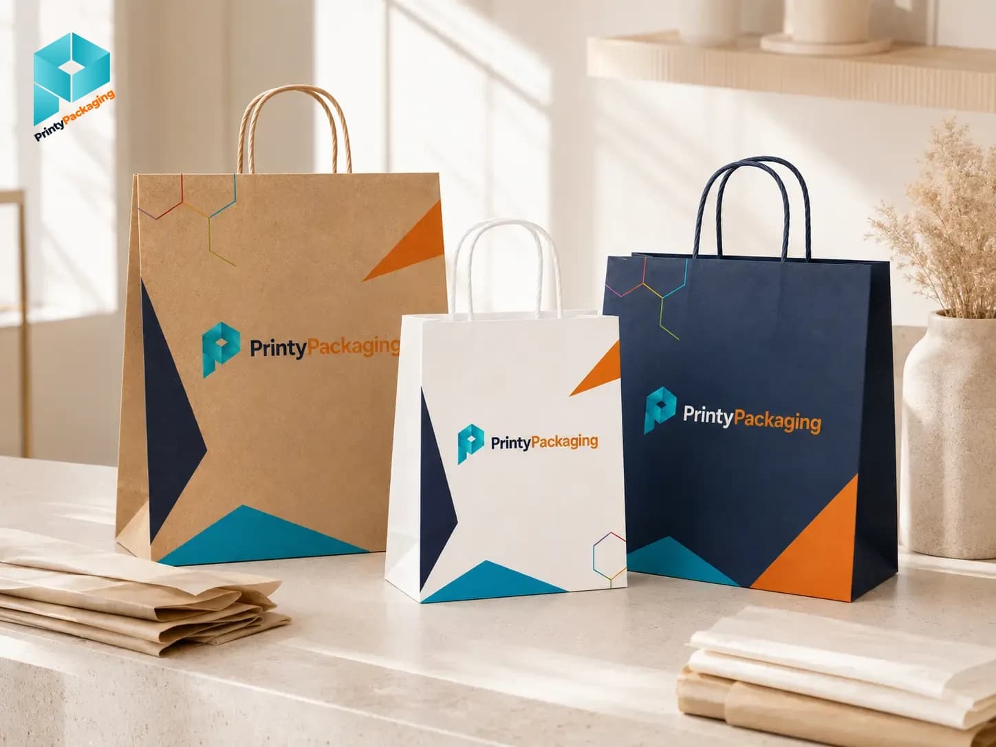 Branded paper bags on a boutique retail counter