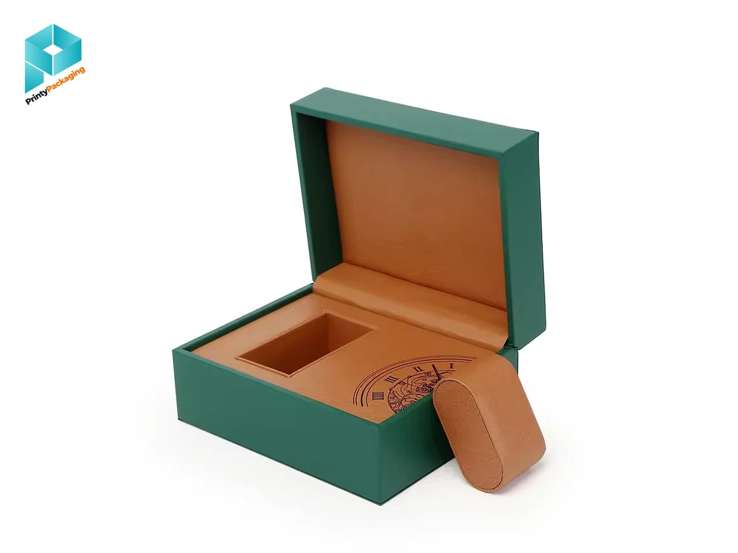 Green rigid presentation box with a fitted insert, lid open