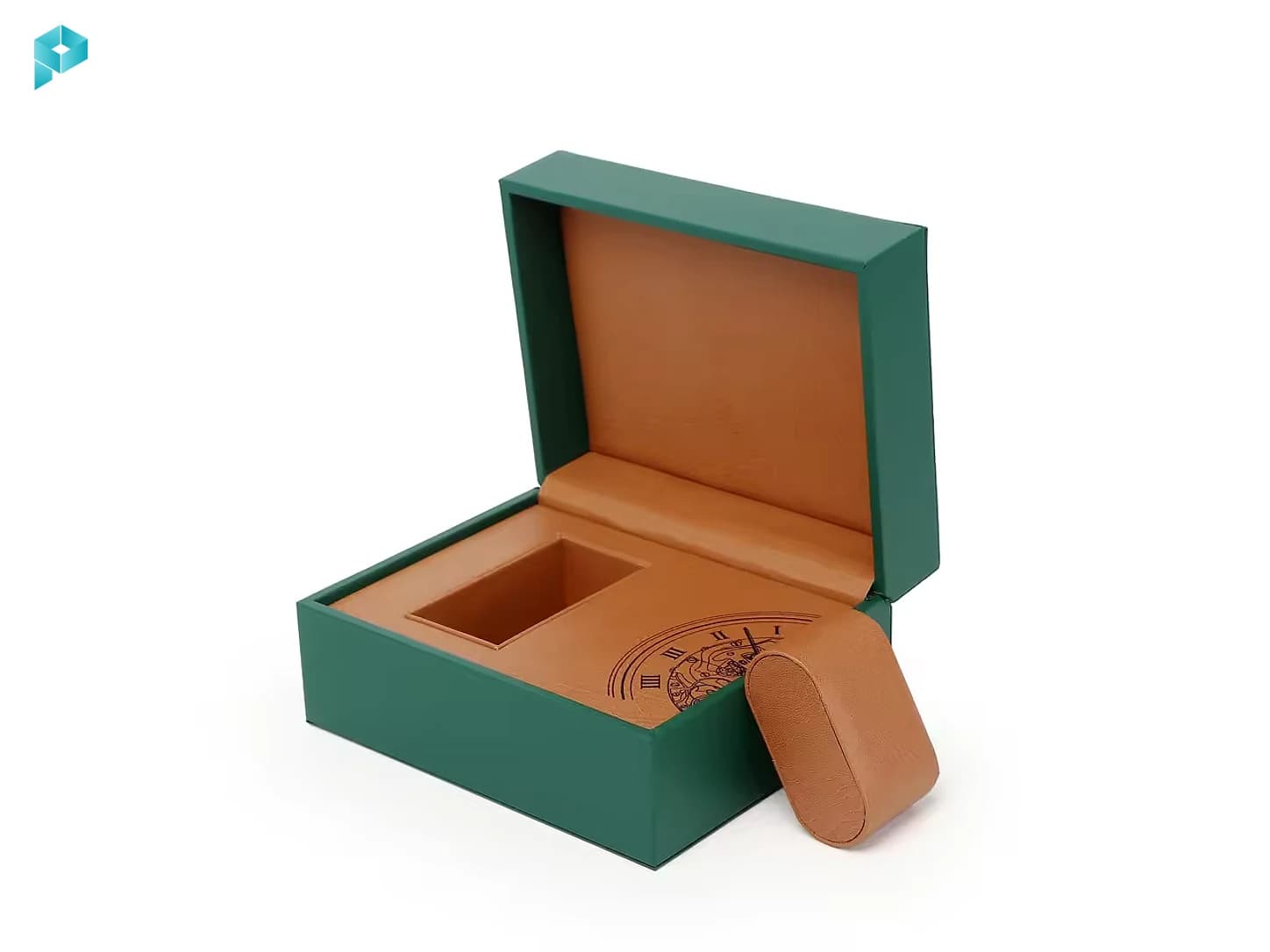 Green rigid box with a fitted leather-look insert