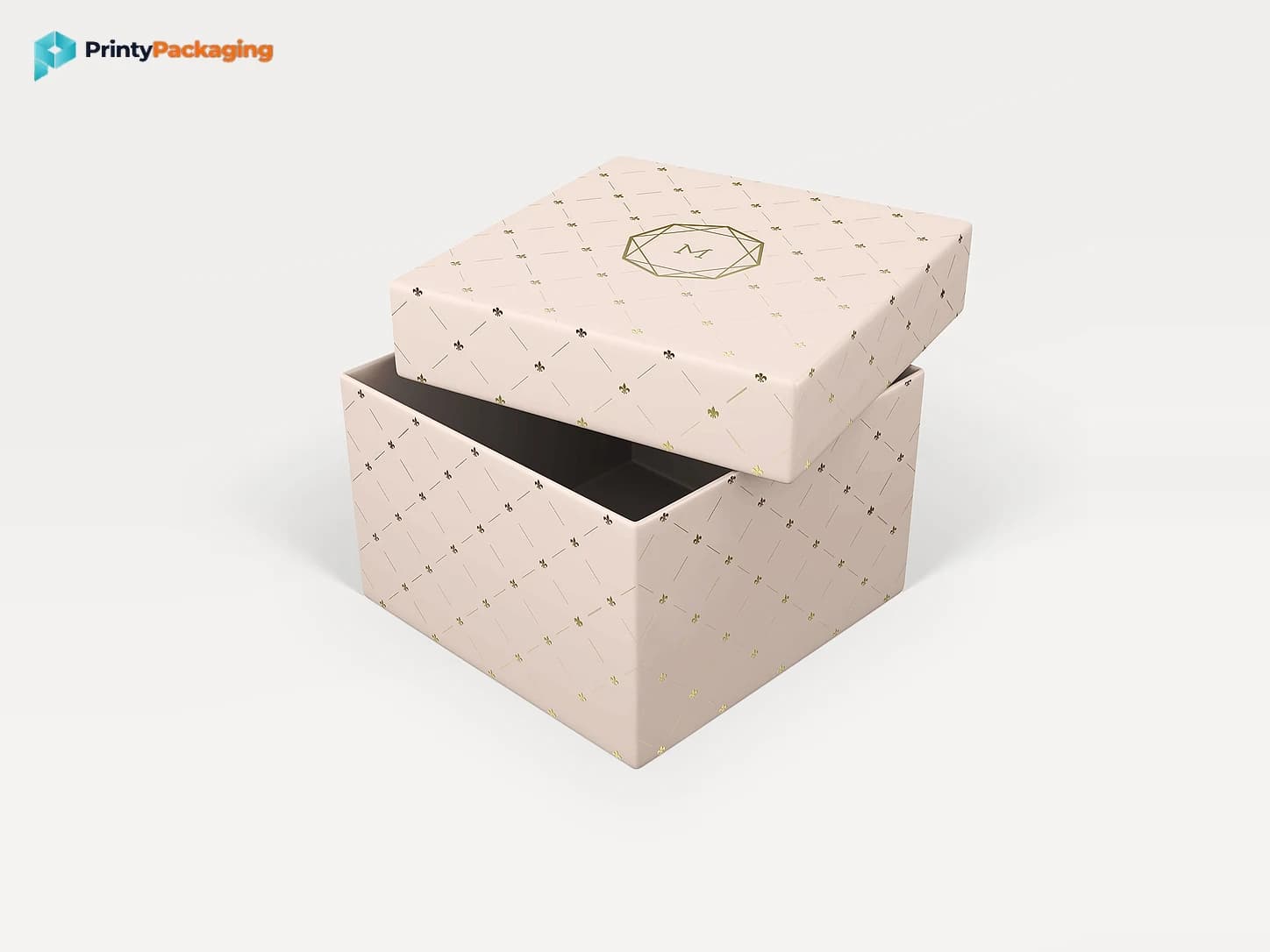 Two-piece lid and base rigid box with a printed pattern